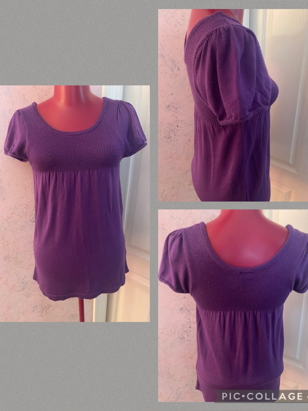 Short sleeve purple smoked tunic style knit top size 8 (Jrs medium)
